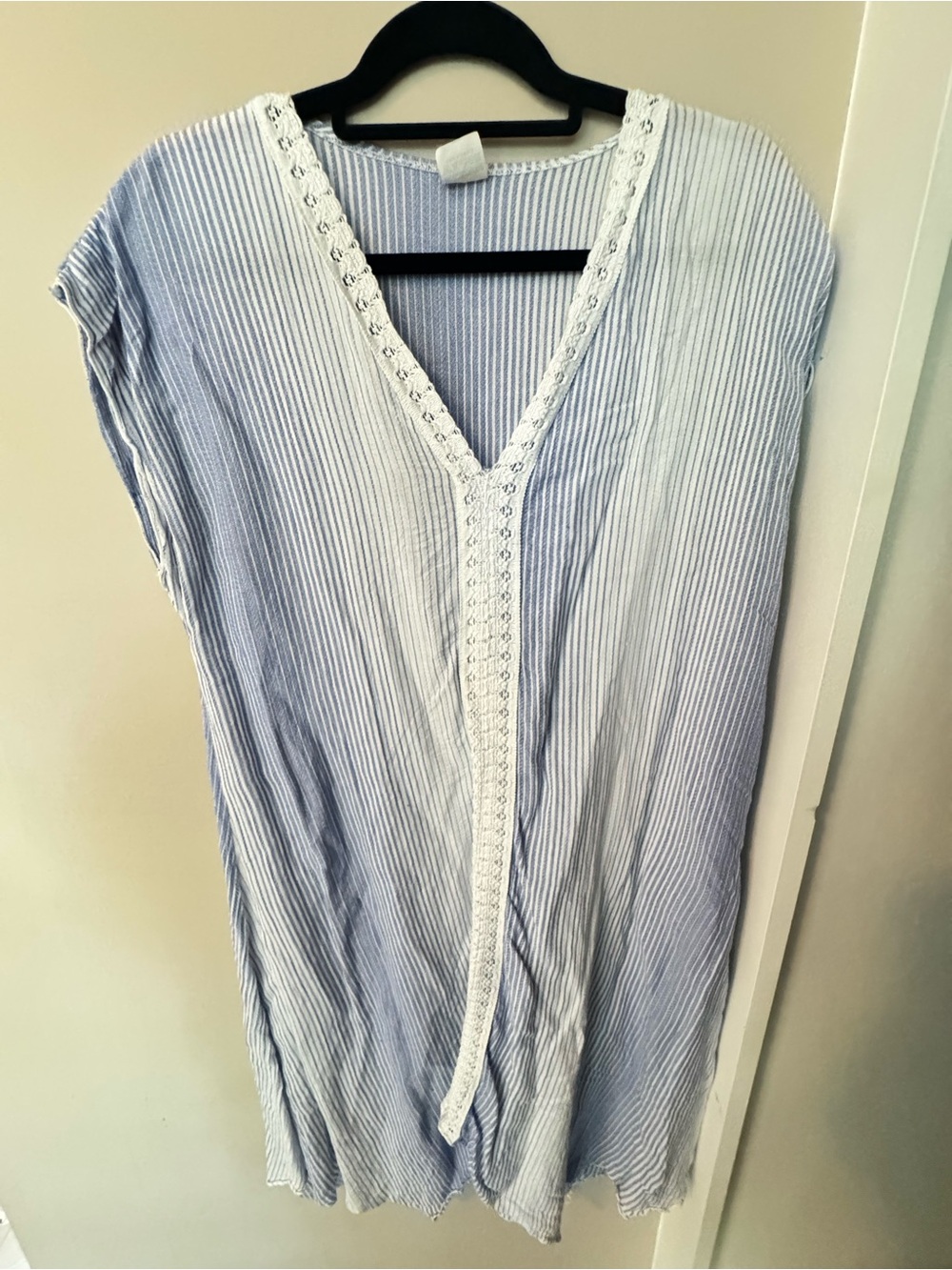 Light Blue Striped V-Neck Women's Tunic with Crochet Trim